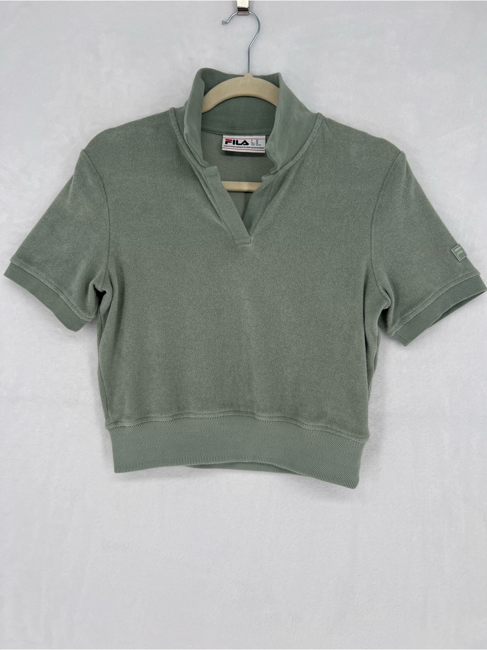 FILA Women's Sage Green Cropped Polo Short Sleeve Terrycloth Pullover XS